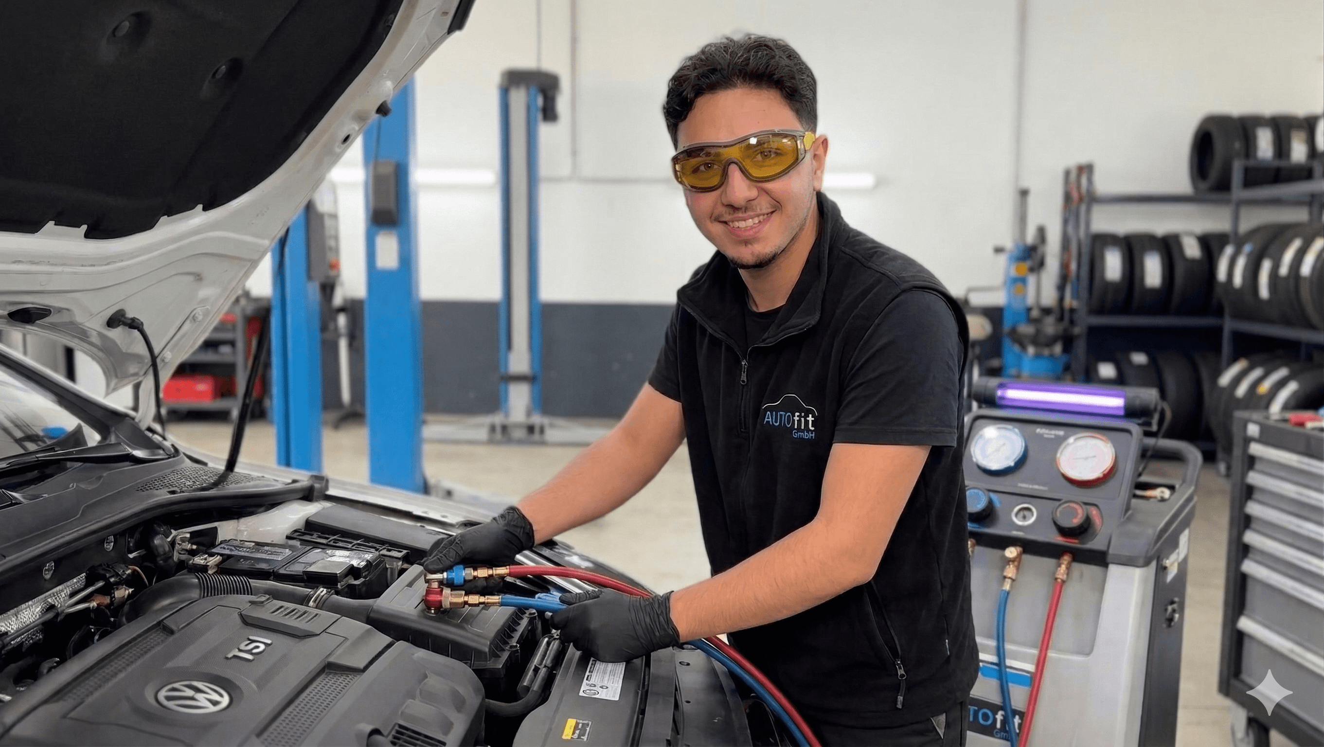Mechaniker bei der Arbeit unter der Hebebühne